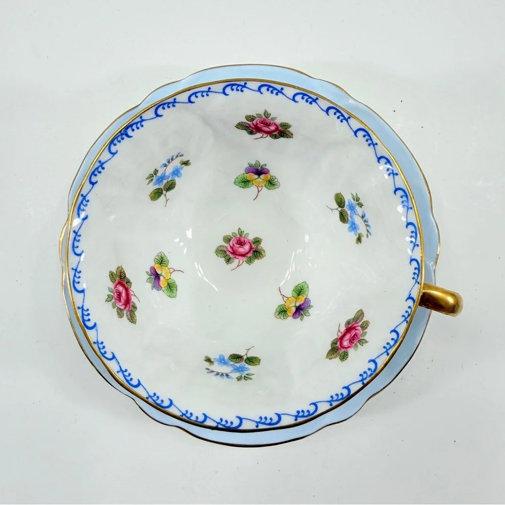Shelley English Fine Bone, Oleander Shape Floral Blue‎ Teacup Cup & Saucer 13528
